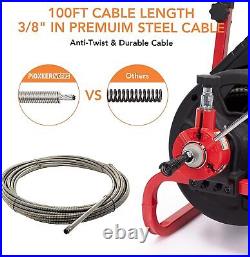100FT Electric Sewer Snake Drain Auger Cleaner Cleaning Machine with 6 Cutters