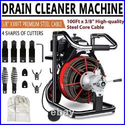 100FT x 3/8 Drain Cleaner 370W Pipe Snake Auger Cleaning Machine with 4 Cutter