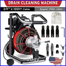 100FT x 3/8 Drain Cleaner 370W Pipe Snake Auger Cleaning Machine with 4 Cutter