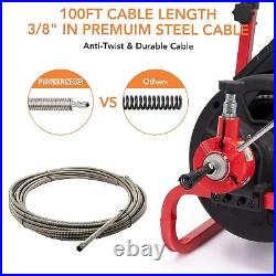 100Ft x 3/8In Drain Cleaner Machine Electric Drain Auger with 6 Cutters & Gloves