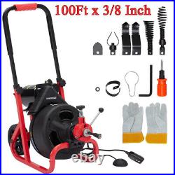 100'x3/8 Drain Cleaner Auger Electric Sewer Snake Cleaning Machine with 6 Cutters