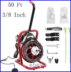 50Ft x 3/8'' Professional Electric Drain Cleaner Machine Drain Snake with 4 Cutter