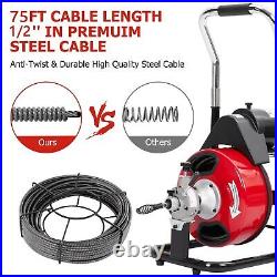75'x1/2 Drain Cleaner Heavy Duty Electric Sewer Snake Cleaning Machine +Cutters