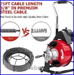 75' x 3/8 Drain Cleaner Electric Sewer Snake Cleaning Machine Auto Feed Auger