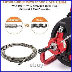 75ft 1/2'' Drain Cleaner Electric Pipe Snake Auger Cleaning Machine with 6 Cutters