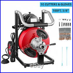 Commercial Sewer Snake Drain Cleaner Auger 100Ft 3/8'' Cleaning Machine withCutter