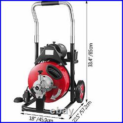 Commercial Sewer Snake Drain Cleaner Auger 100Ft 3/8'' Cleaning Machine withCutter