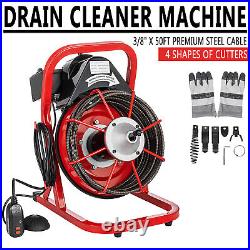 Drain Auger Cleaner 50'x3/8 Electric Sewer Snake Cleaning Machine With 5 Cutters