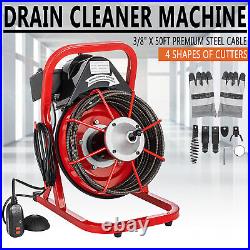Electric 50'x3/8 Drain Auger Cleaner Sewer Snake Cleaning Machine With 5 Cutters
